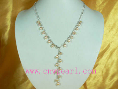 6-7mm pink freshwater pearl necklace with silver chain